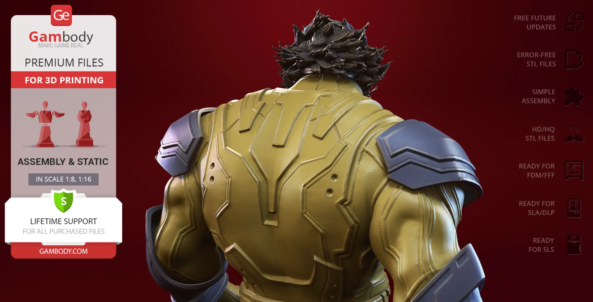 3D model of a muscular figure in a yellow suit with shoulder armor, seen from behind.