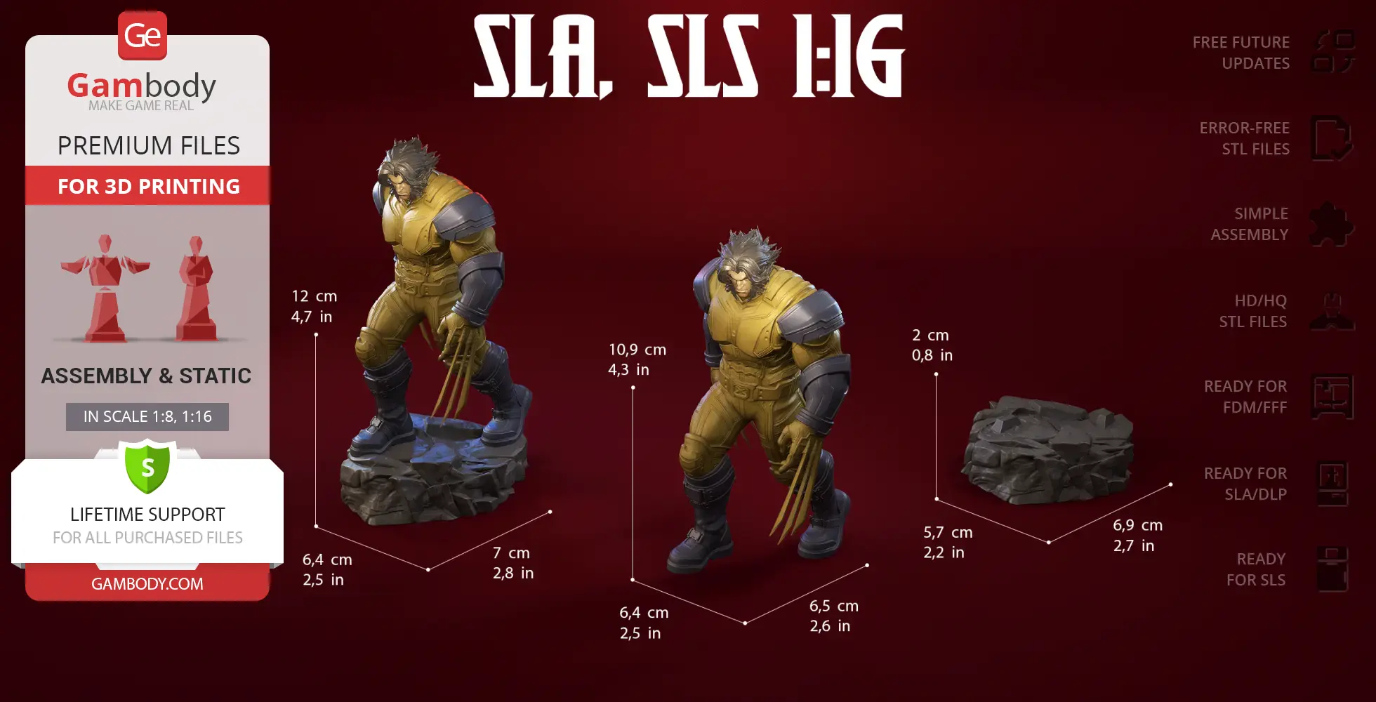 3D model of a superhero with claws in dynamic pose, clad in armor, ready for SLA, SLS printing.