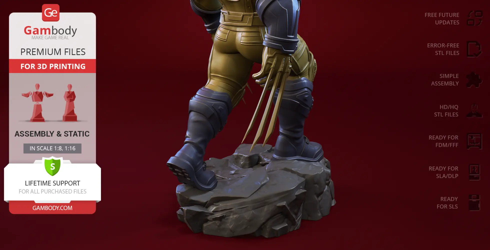 3D model of a superhero standing on rocky terrain, wearing boots and retractable claws extended.