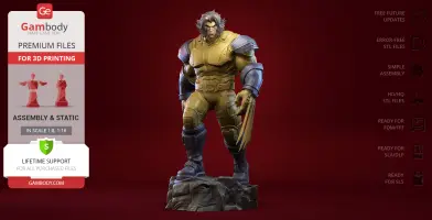 A 3D model of Wolverine in a combat pose with claws extended, ready for 3D printing.