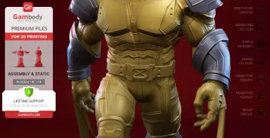 Close-up of a detailed superhero 3D model in yellow armor, ready for 3D printing.