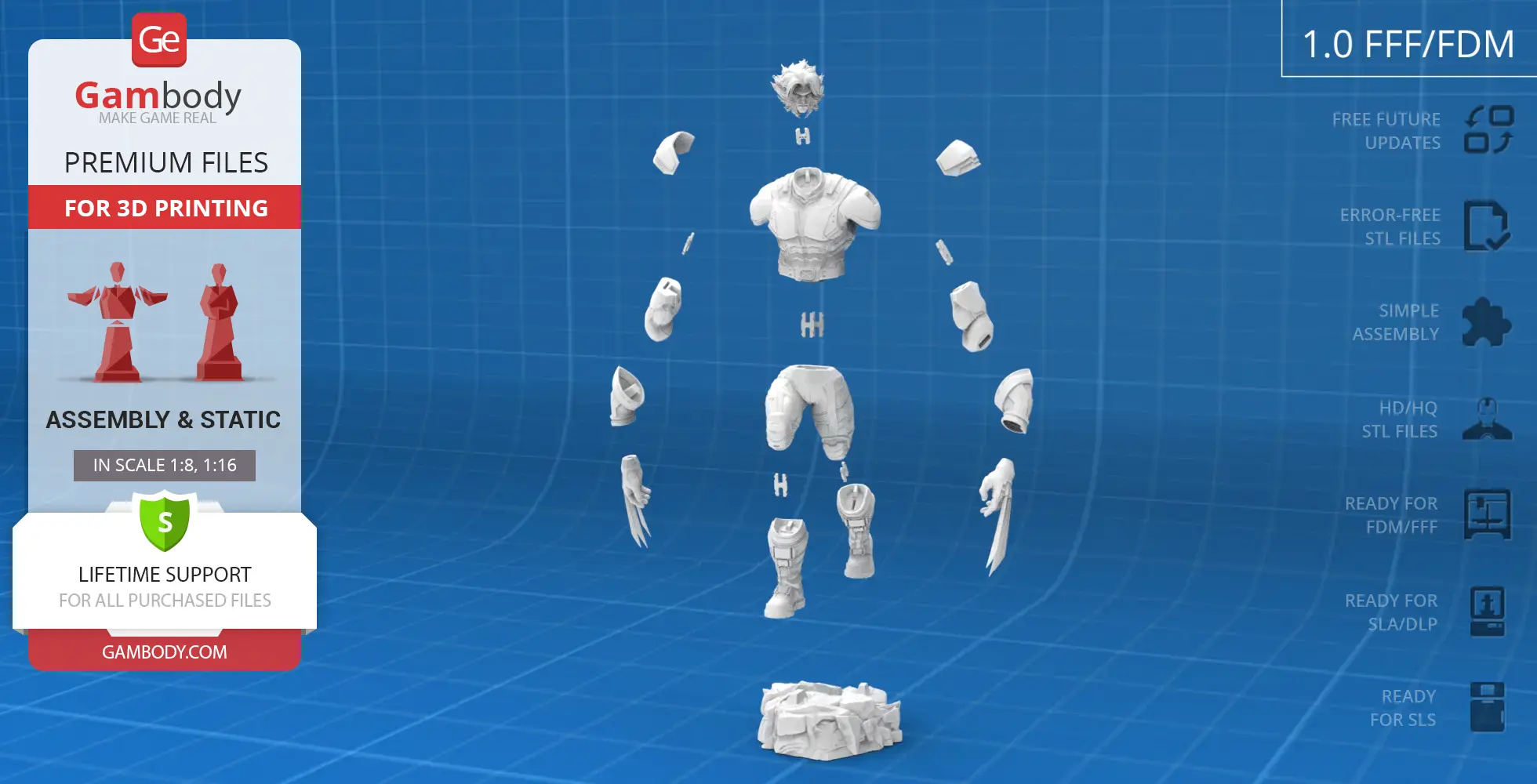 3D model parts of a superhero character disassembled, ready for printing and assembly.