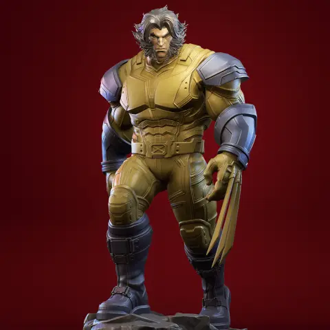 A detailed 3D model of a muscular figure in armor, featuring clawed gloves and fierce expression.