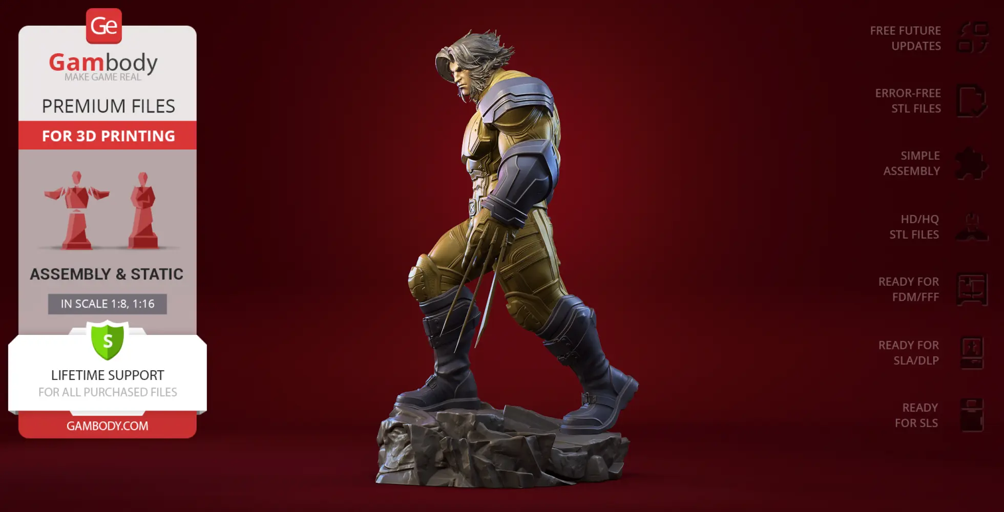 A 3D model of a superhero with claws, standing on a rocky base, designed for 3D printing.