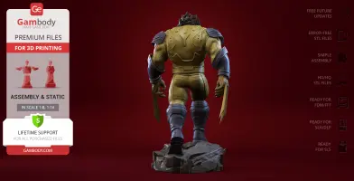 A 3D model of a muscular character in a yellow suit with clawed gloves, standing on a rocky base.