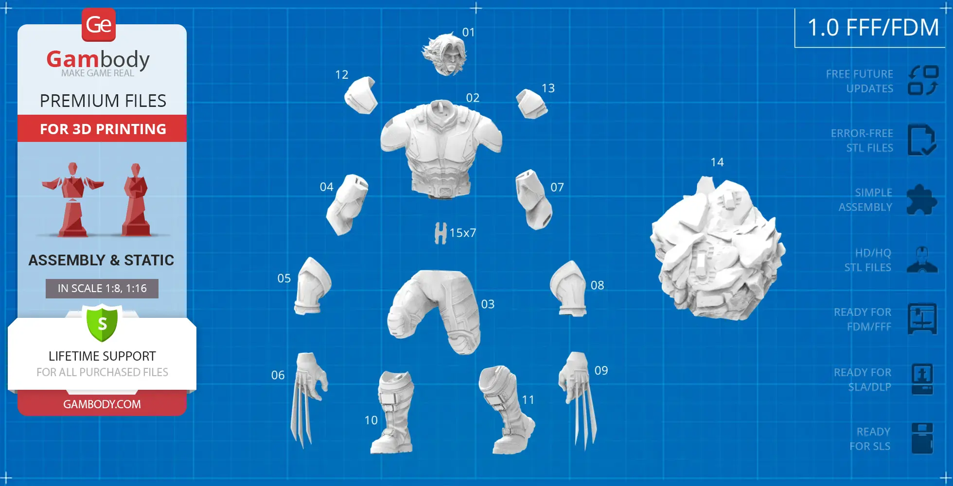 Exploded view of Wolverine 3D printable parts arranged on a blue grid.