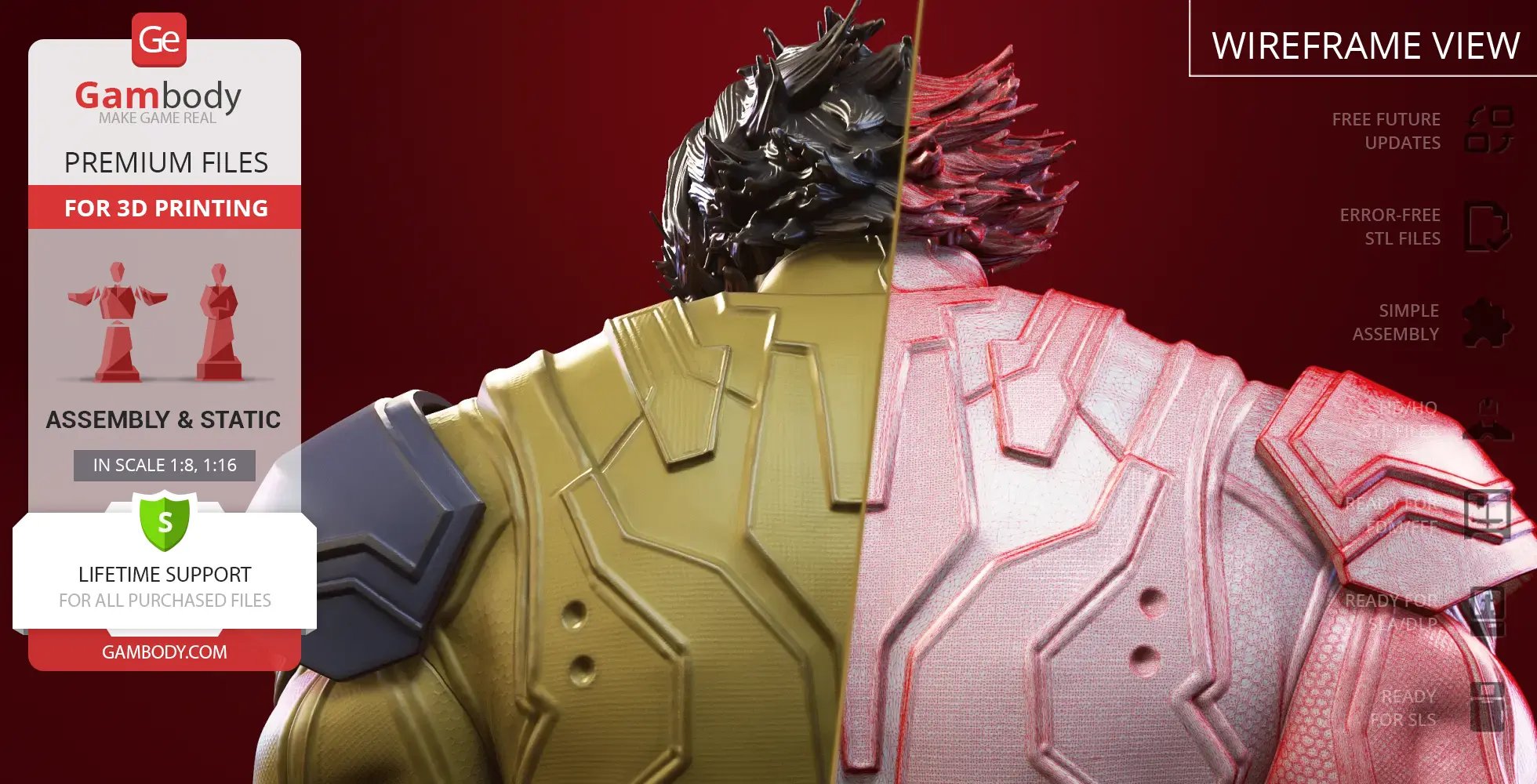 Yellow-armored figure with spiky hair, half regular and half wireframe, for 3D printing assembly.