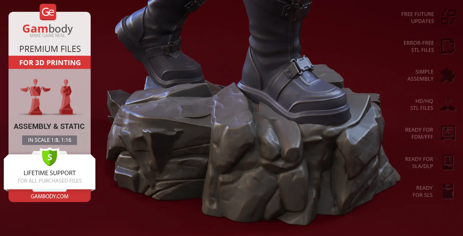 Boots on a rocky base, part of a Marvel 3D print model from Gambody.