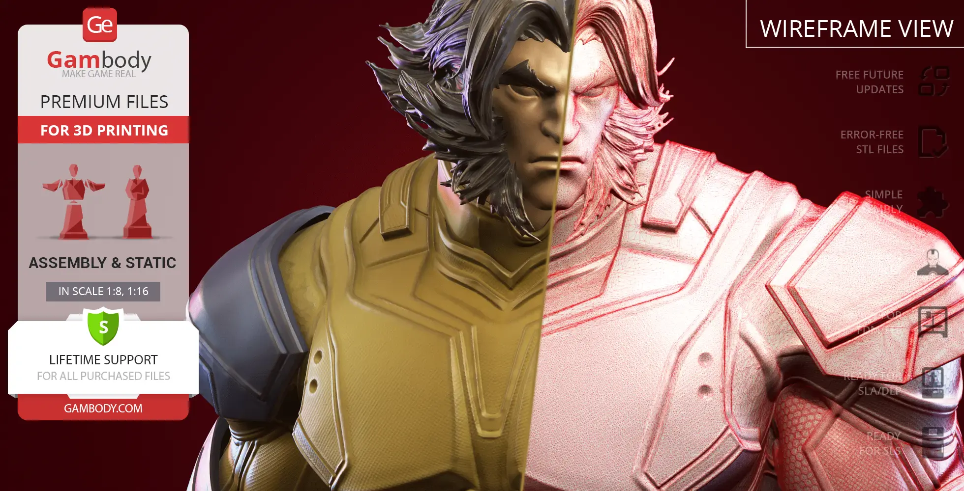 A split view of a detailed 3D model of a muscular character, with half in color and half in wireframe.