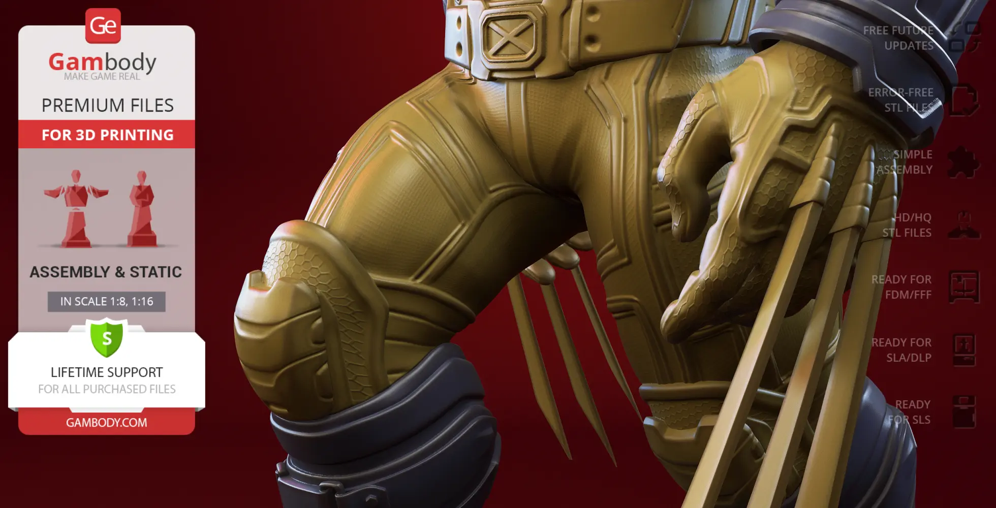 Detailed model of a superhero's gloved hand with claws extended, designed for 3D printing.