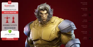 A detailed 3D model of a muscular character in yellow armor with long hair and intense expression.