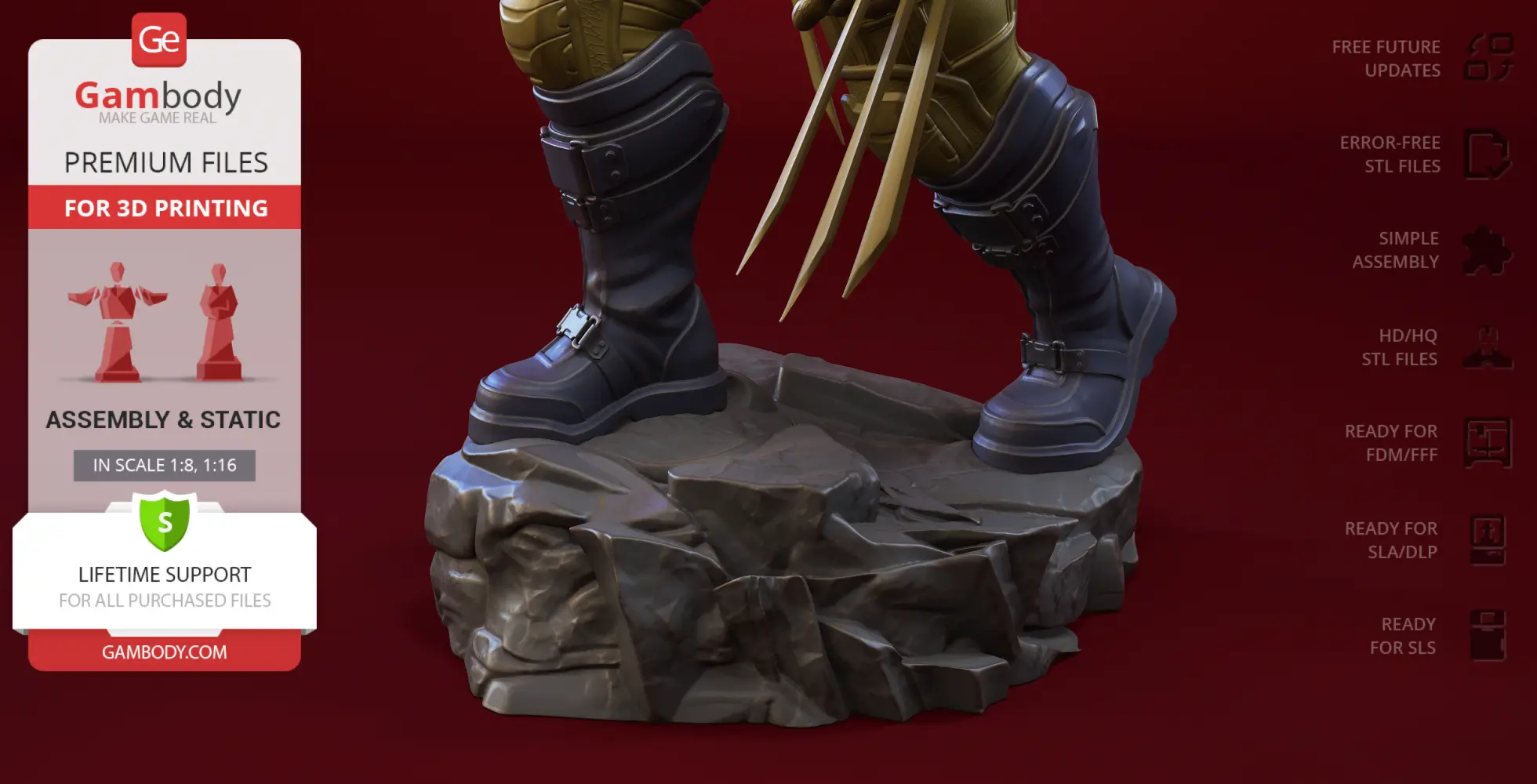 A detailed 3D model of boots with claws on a rocky base, designed for 3D printing.