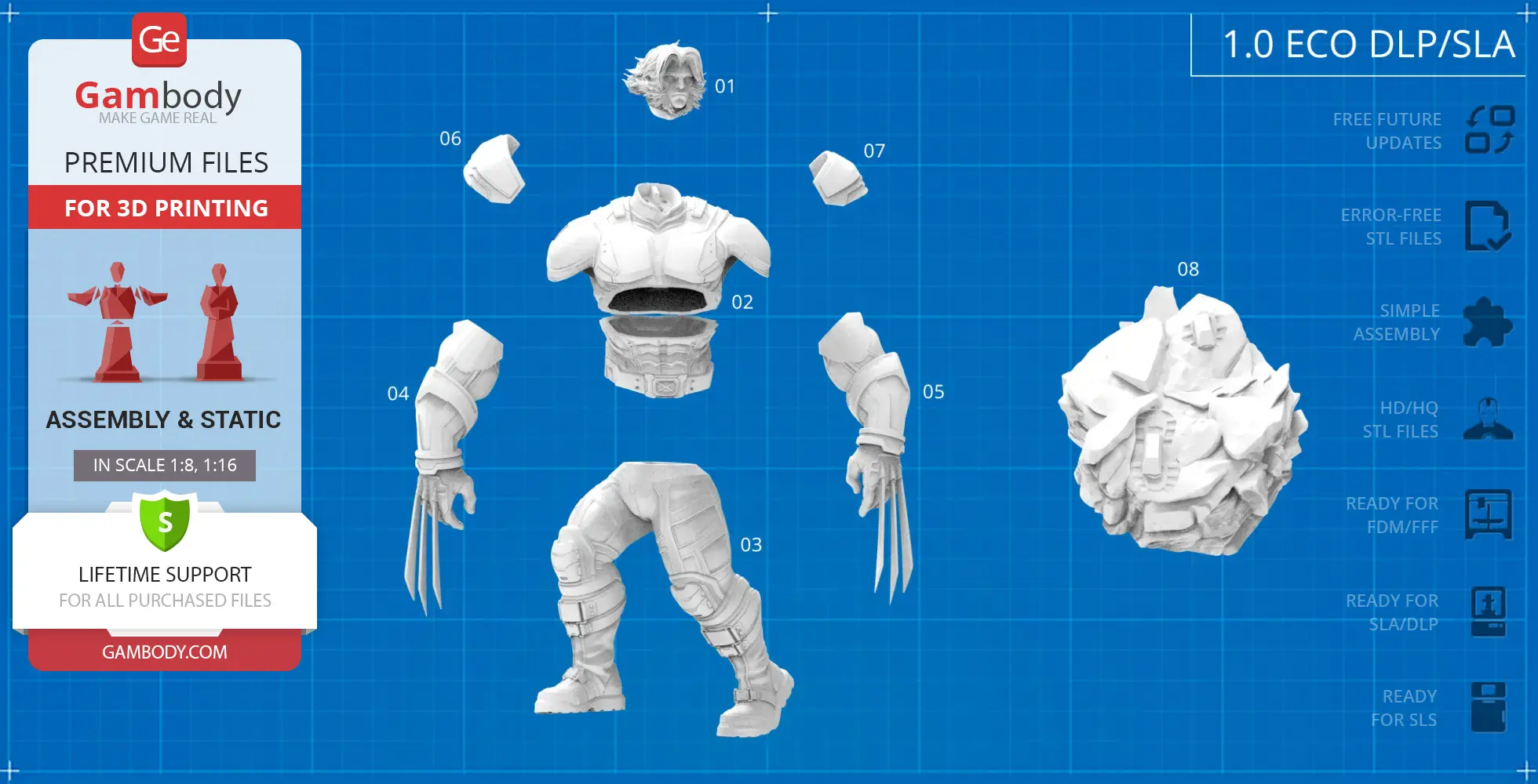 3D model parts of a superhero with claws, shown on a blue grid for assembly, labeled with numbers.