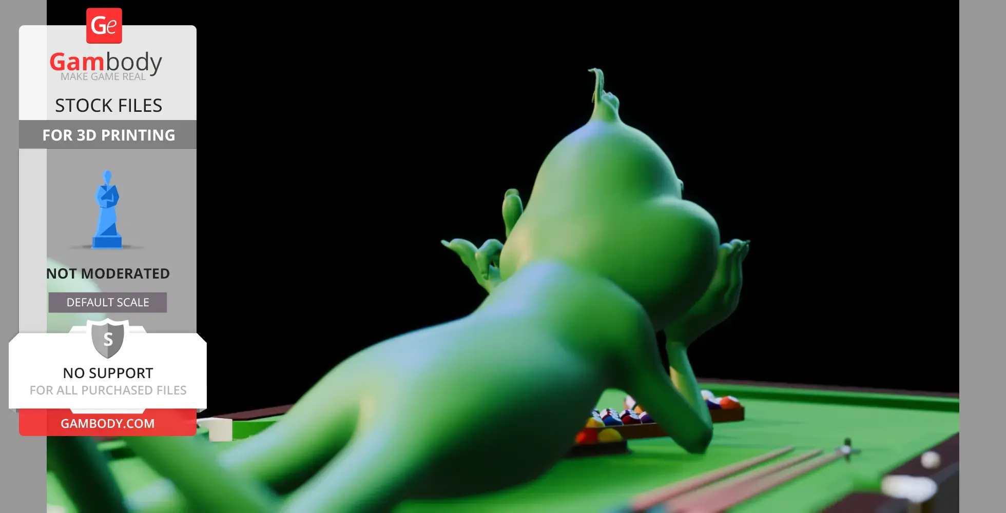 Green figure lounging by a pool table, humorously displaying middle fingers.