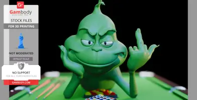 A grumpy green character with raised middle finger on a pool table, emphasizing holiday humor.