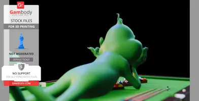 Green figure lounging by a pool table, humorously displaying middle fingers.