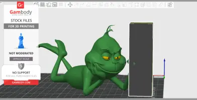 A 3D model of a relaxed green creature with a mischievous grin, posing as if thinking.