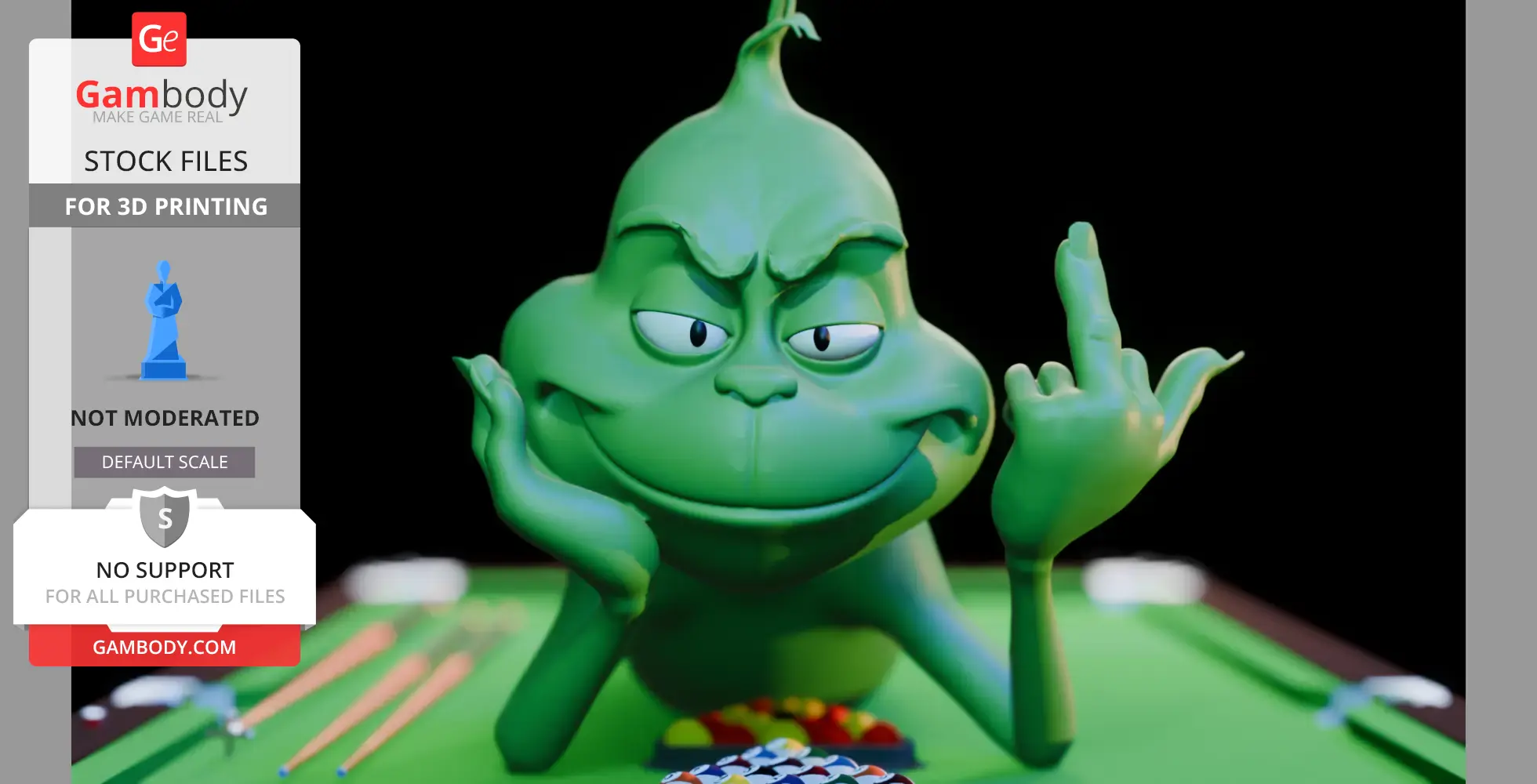 A grumpy green character with raised middle finger on a pool table, emphasizing holiday humor.