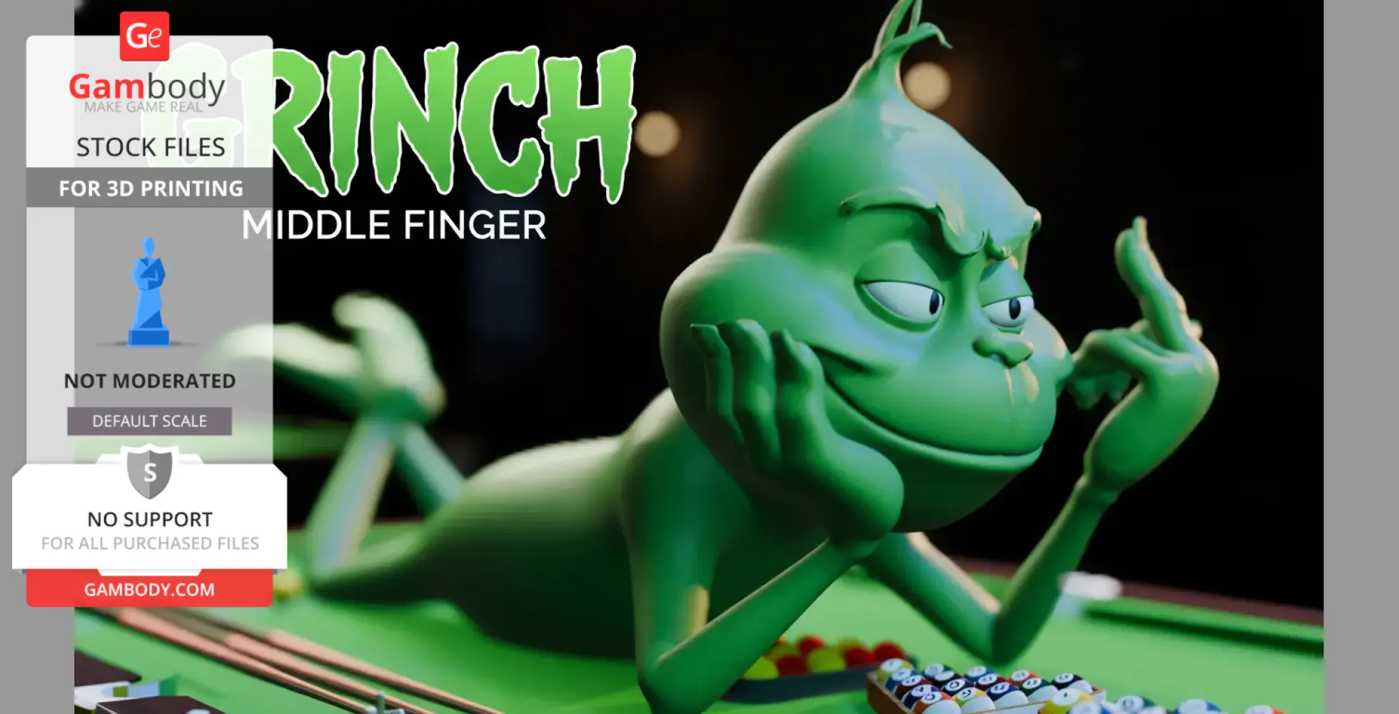 A green character resembling the Grinch lies on a pool table, smiling and raising a middle finger.