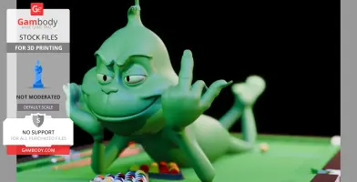 A green character lying down with a playful expression, raising a middle finger, on a colorful surface.