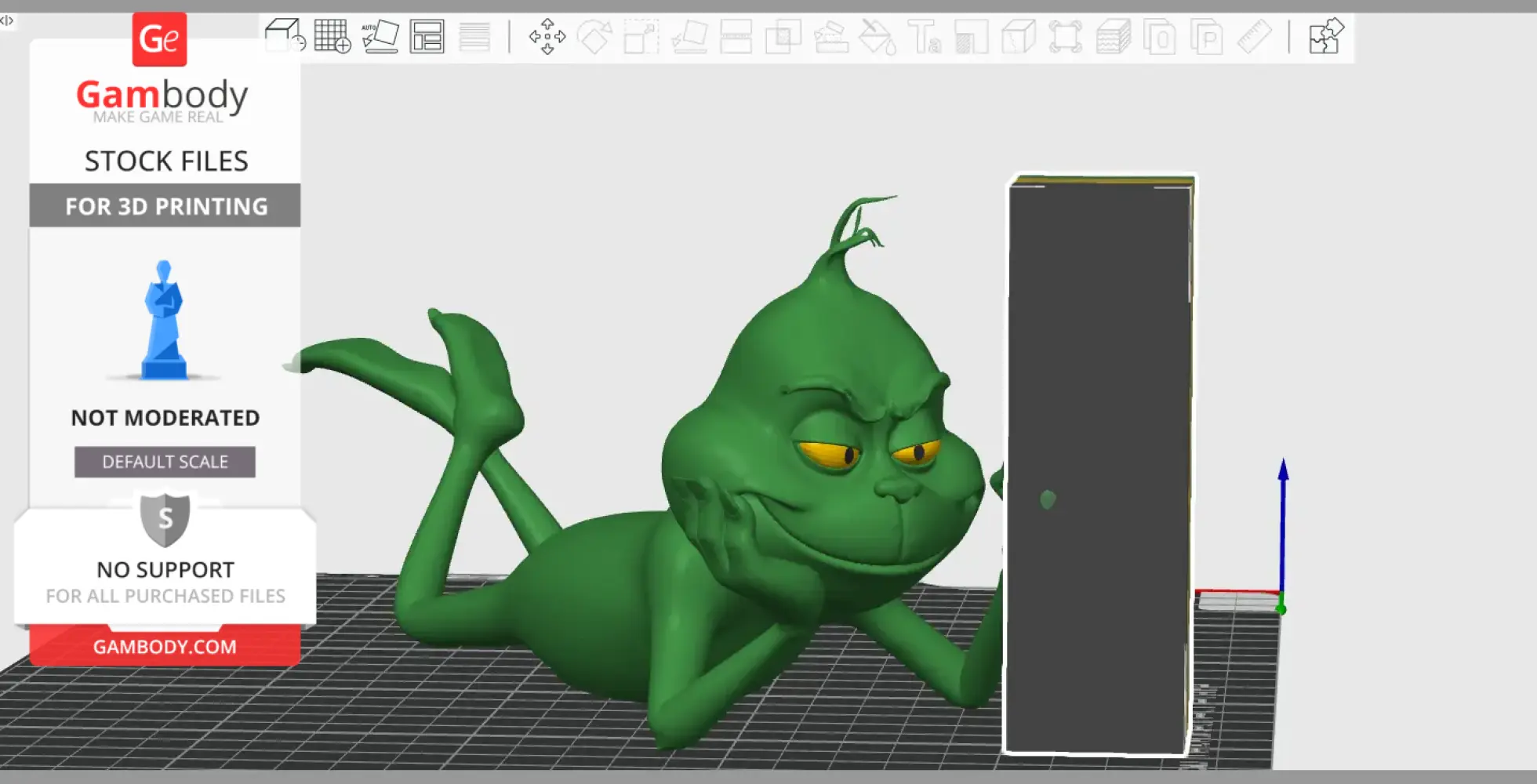 A 3D model of a relaxed green creature with a mischievous grin, posing as if thinking.