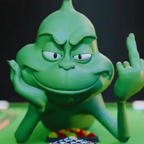 A green cartoon character with a mischievous grin, raising a middle finger.