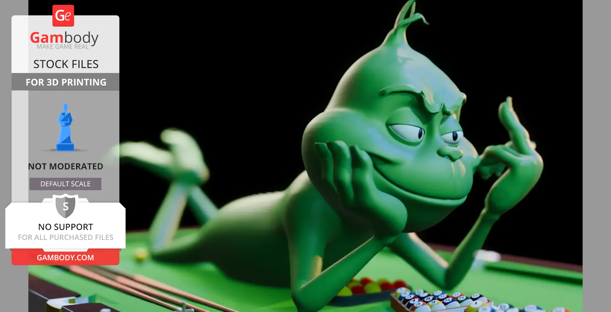 Green character lying down with a mischievous grin, raising its middle finger playfully.