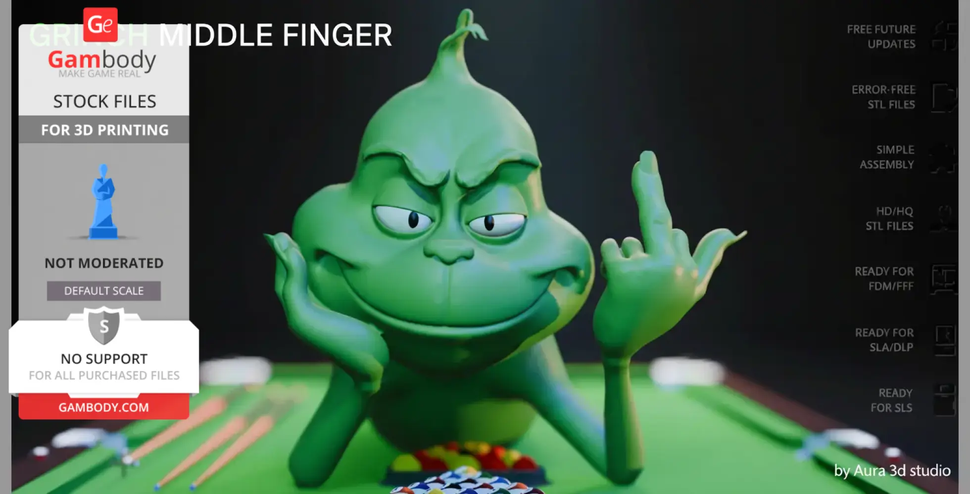 Green character smirking, resting on elbows, holds up middle finger, set against playing items on a green surface.