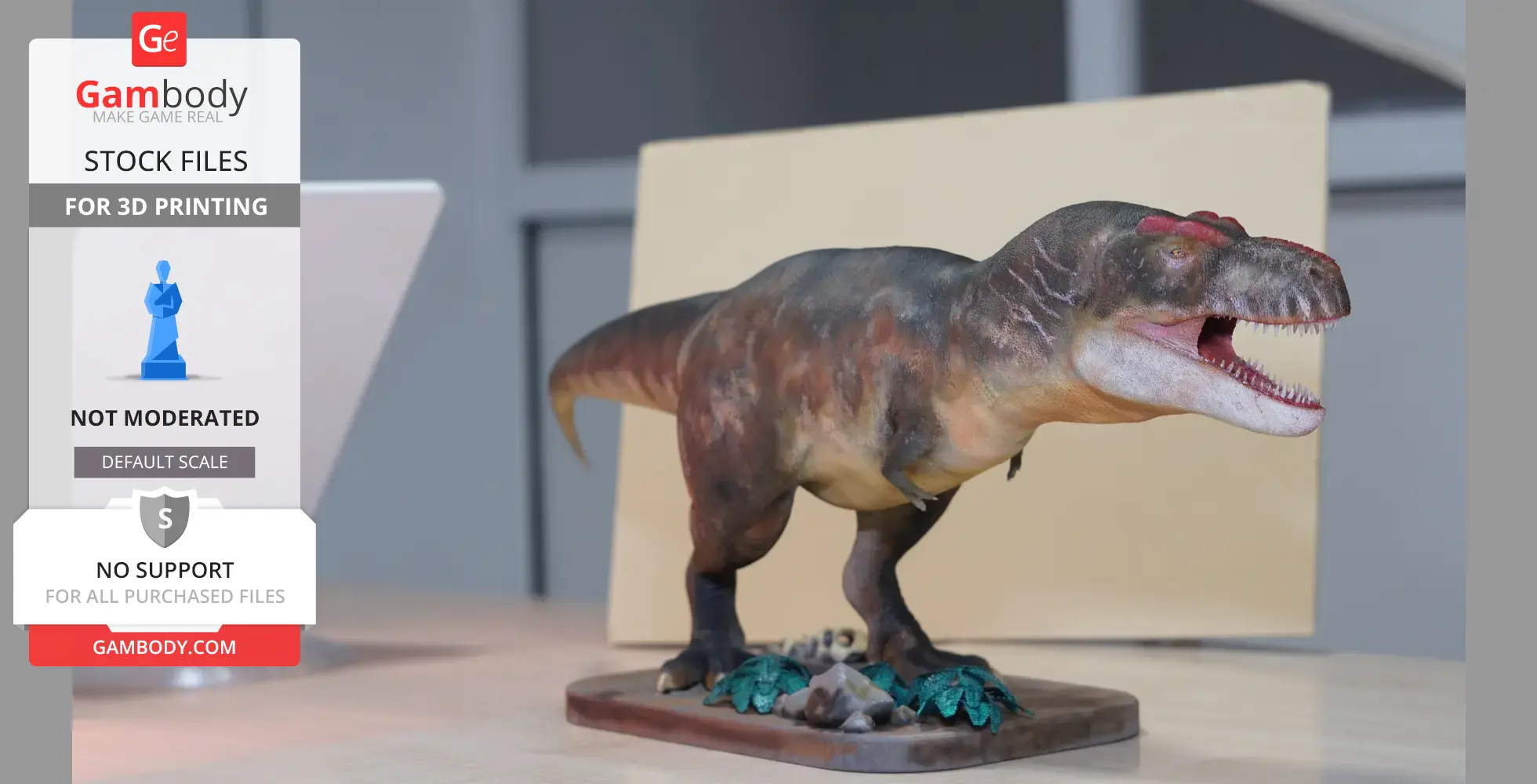 Realistic T. rex 3D model with open mouth, on a base adorned with foliage and rocks.