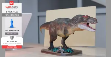 Realistic T. rex 3D model with open mouth, on a base adorned with foliage and rocks.