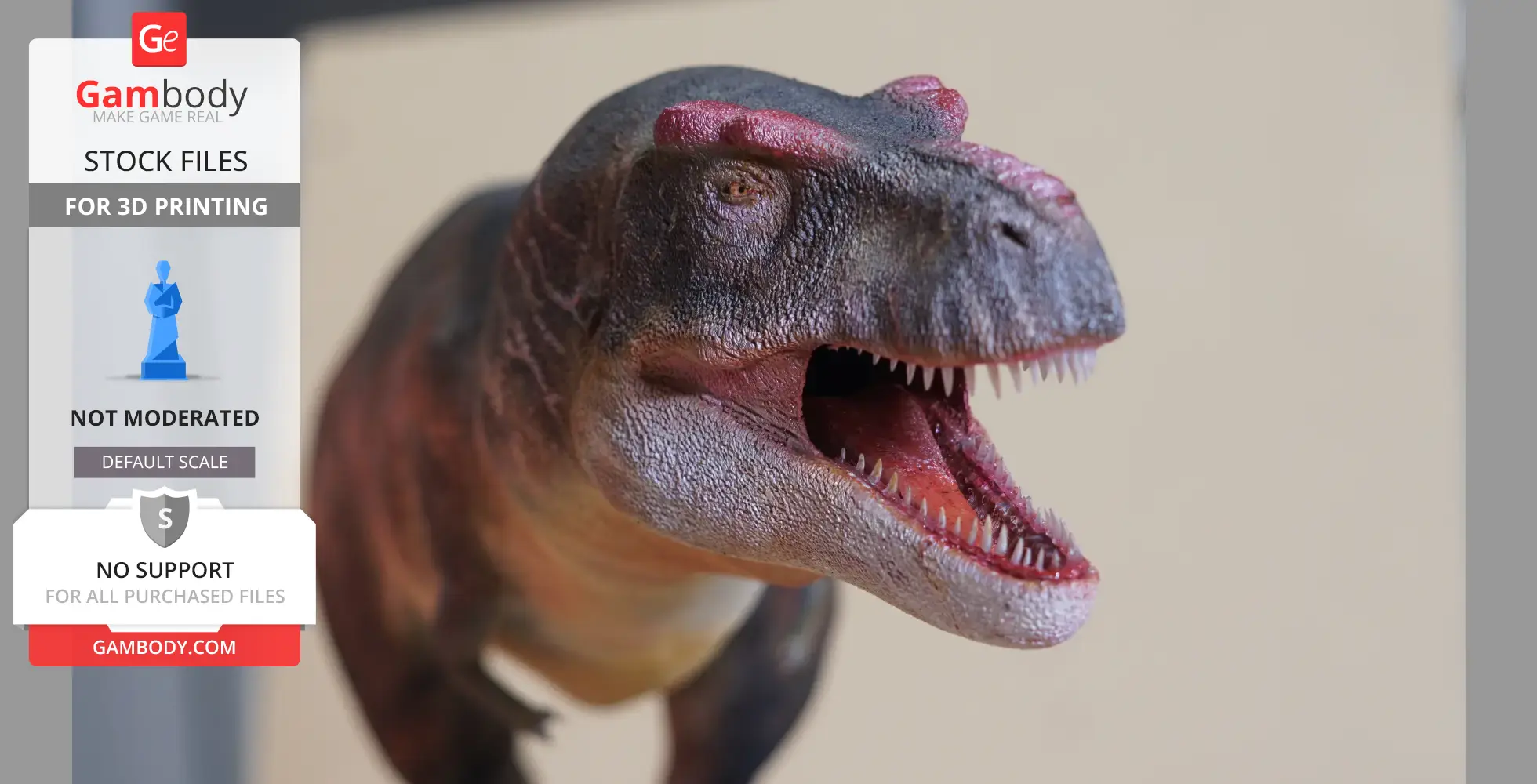 A detailed 3D model of a T. rex, with an open mouth and sharp teeth, for 3D printing.