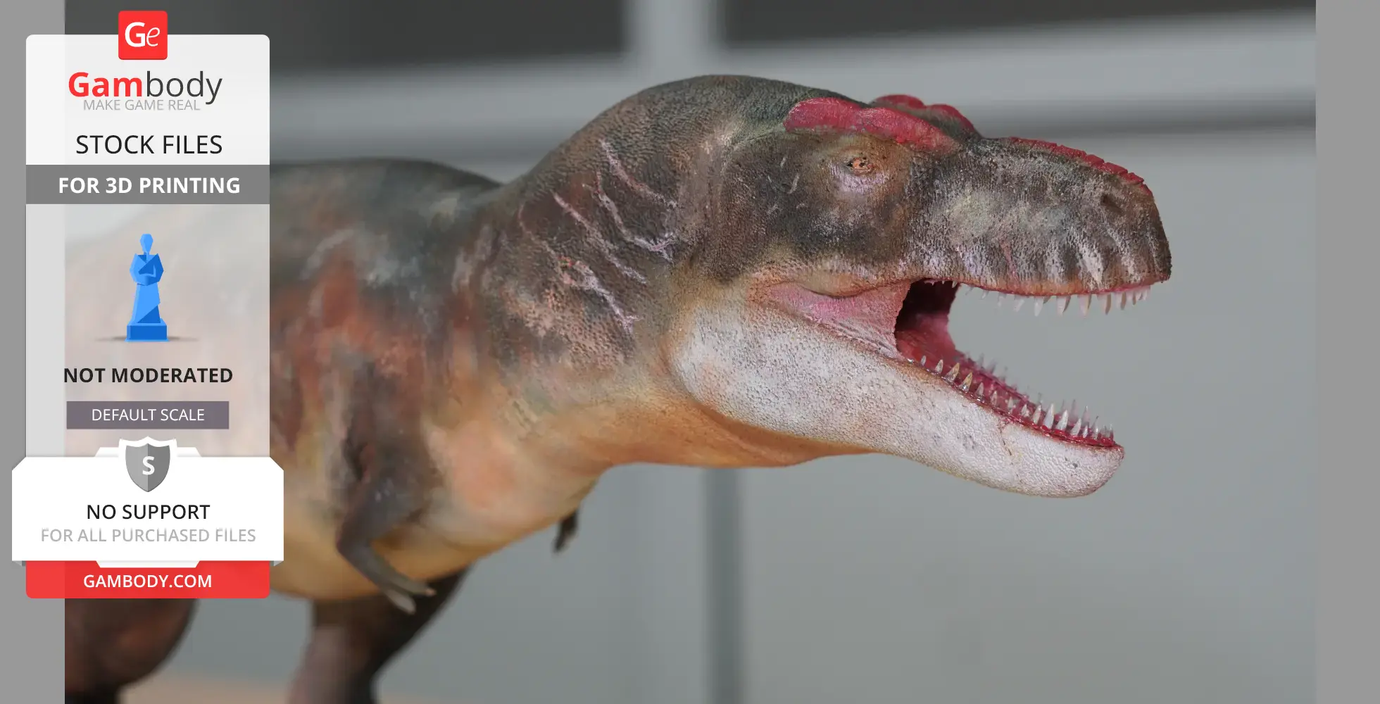 Detailed T. rex model with reddish accents, roaring pose; ideal for 3D printing.