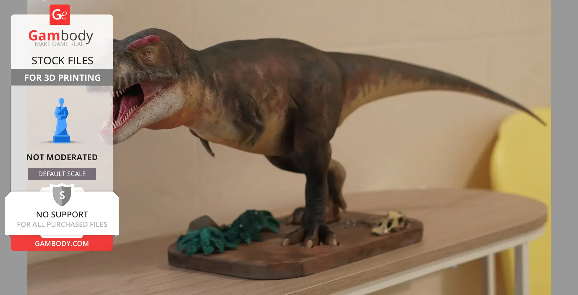 A detailed 3D-printed T. rex model by Bill Nguyen on a display base with foliage elements.