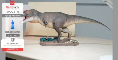 A detailed 3D-printed T. rex model on a base with plants and a skull.