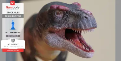 Realistic T. rex 3D model with open mouth and detailed texture, designed for 3D printing.