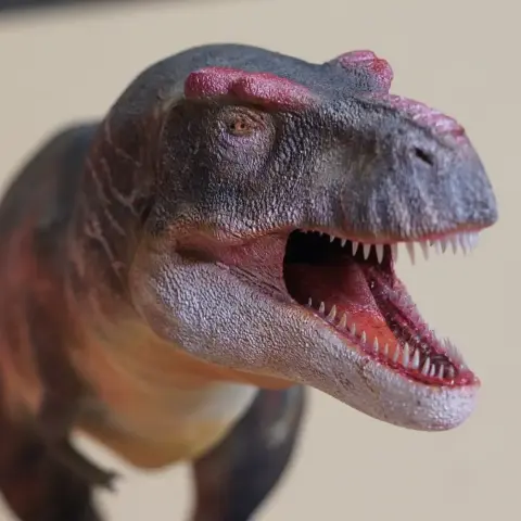A detailed 3D-printed T. rex model with an open mouth, sharp teeth, and textured skin.