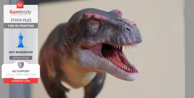 A detailed 3D model of a T. rex, with an open mouth and sharp teeth, for 3D printing.