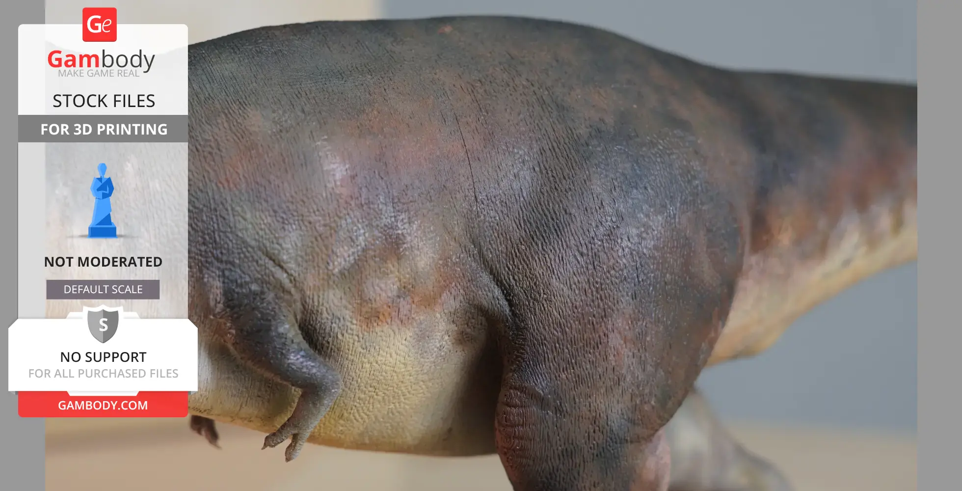 Close-up of a detailed T. rex model's textured skin and leg for 3D printing by Bill Nguyen.