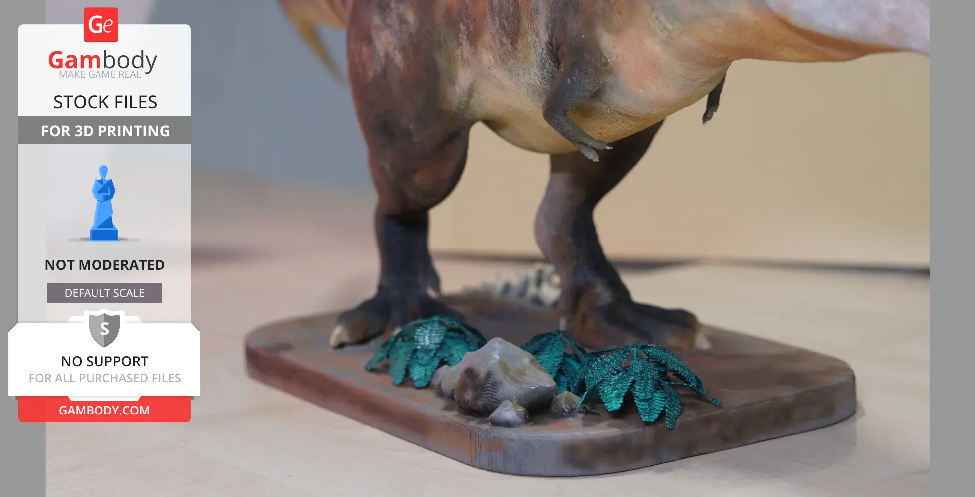 Close-up of a 3D printed T. rex model's legs on a base with foliage and rocks.