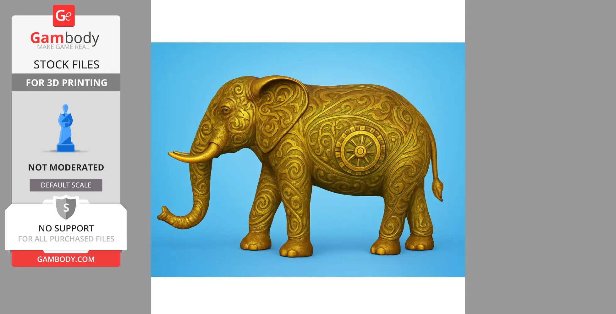 Golden elephant with intricate engravings and a decorated wheel on its side, set against a blue background.