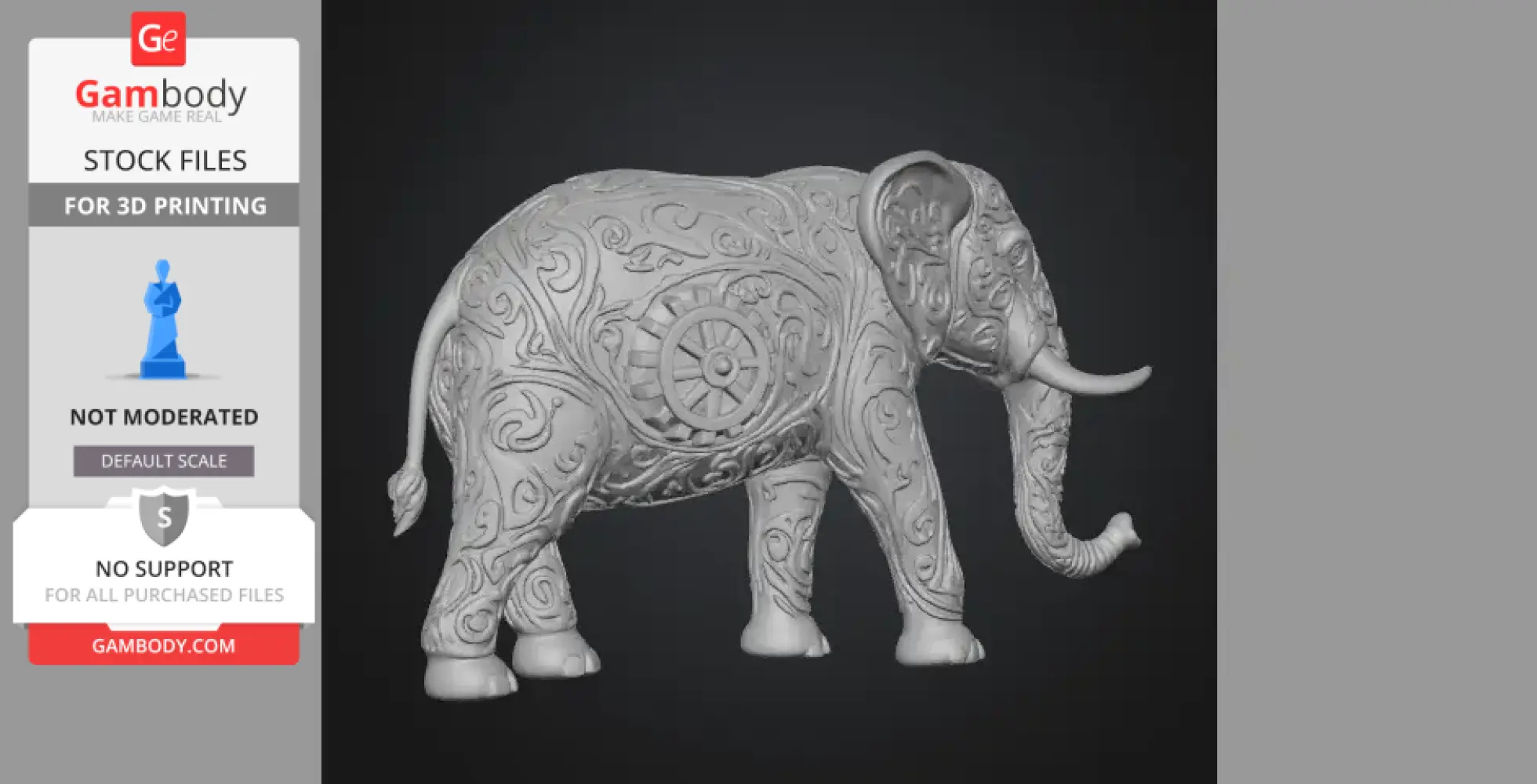 Ornamental elephant with intricate swirling engravings and a wheel motif for 3D printing.