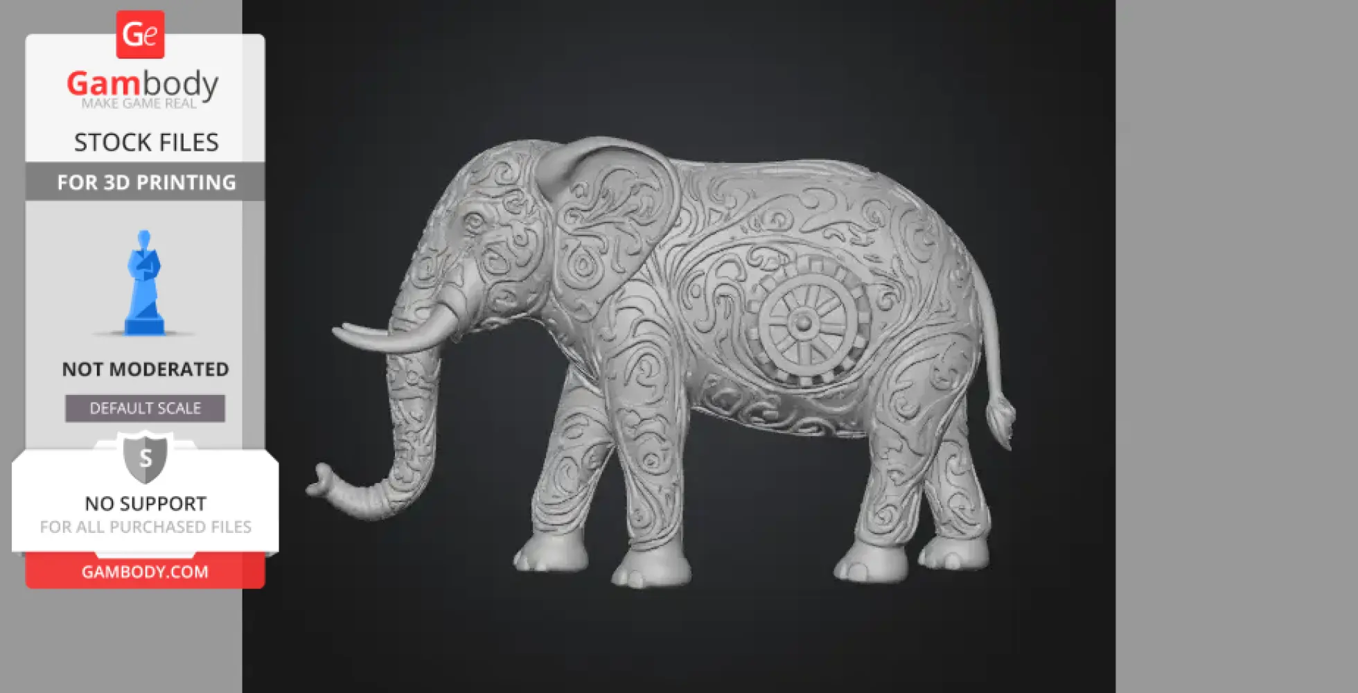 Ornamental elephant with intricate swirls and patterns, designed for 3D printing.