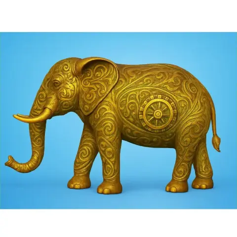 Golden elephant with intricate engravings, standing on a blue background.