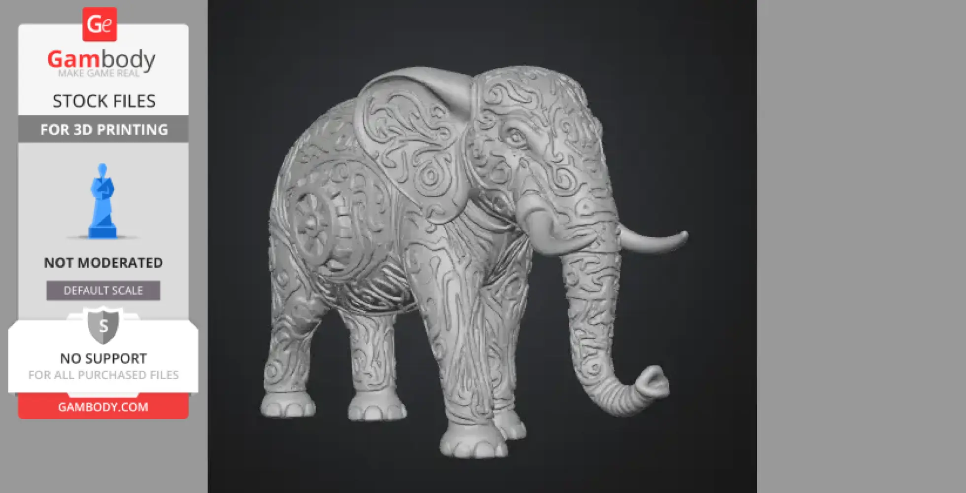 Intricately engraved 3D model of an ornamental elephant, designed for 3D printing.