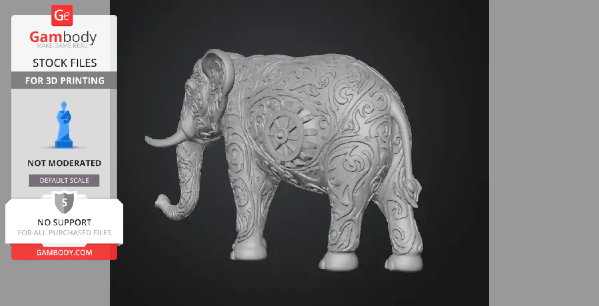 Intricately engraved ornamental elephant figurine for 3D printing.