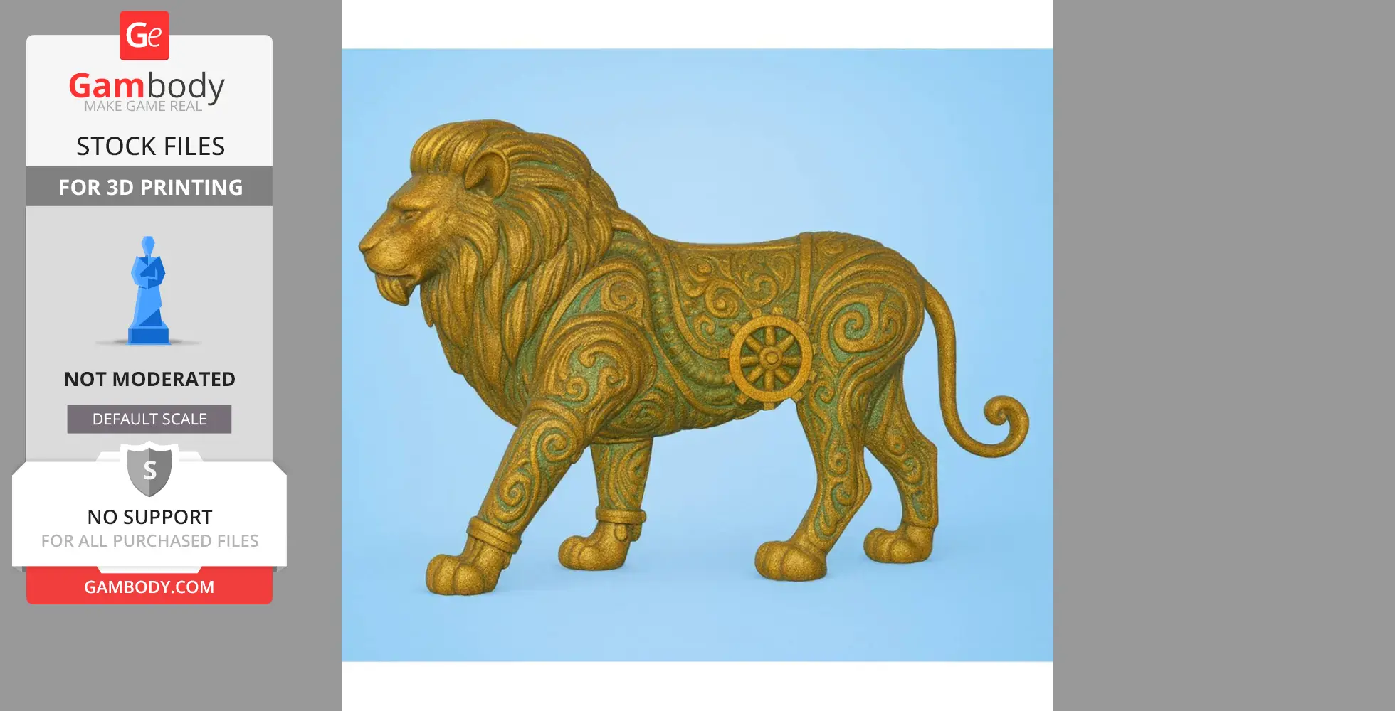 Ornate lion statue with intricate swirling patterns and a wheel design on its side.