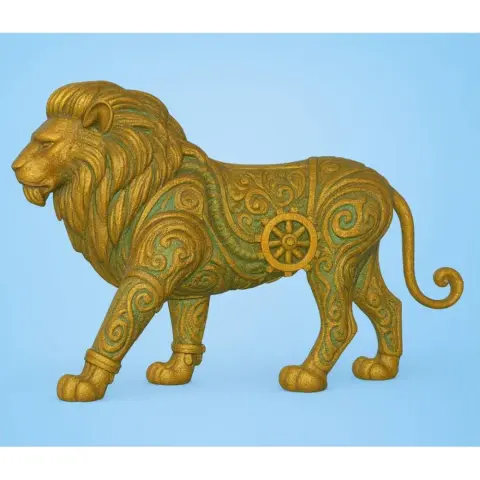 Ornate lion statue with intricate patterns, standing majestically.