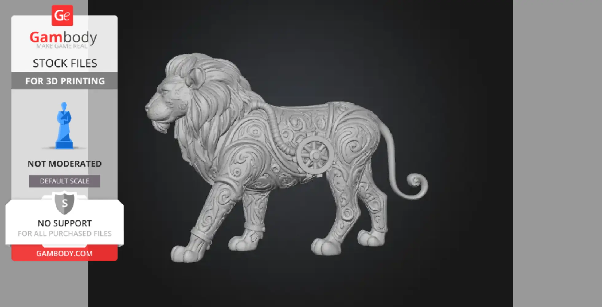 Intricately designed ornate lion statue with detailed patterns for 3D printing.