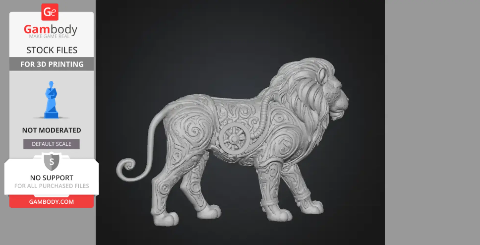 Ornate lion statue with swirling patterns and mechanical details for 3D printing.