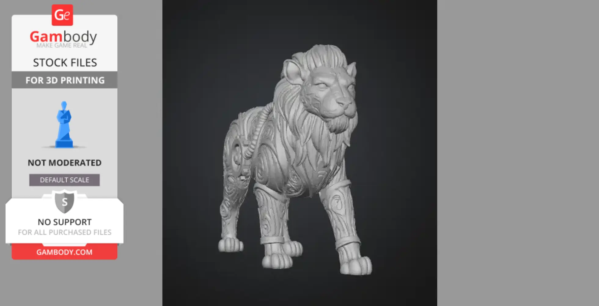 An intricately detailed lion statue with ornate carvings, designed for 3D printing.